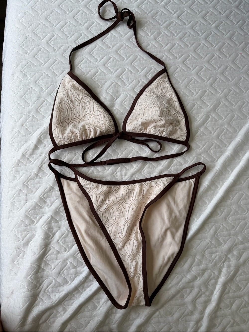 wild fable Beige Crochet Triangle Bikini with Chocolate Trim